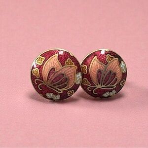 Vintage Cloisonné Round Red Butterfly Gold Tone Post Pierced Stud Earrings